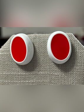 Red and White Enamel Metal Pierced Earrings marked L and R